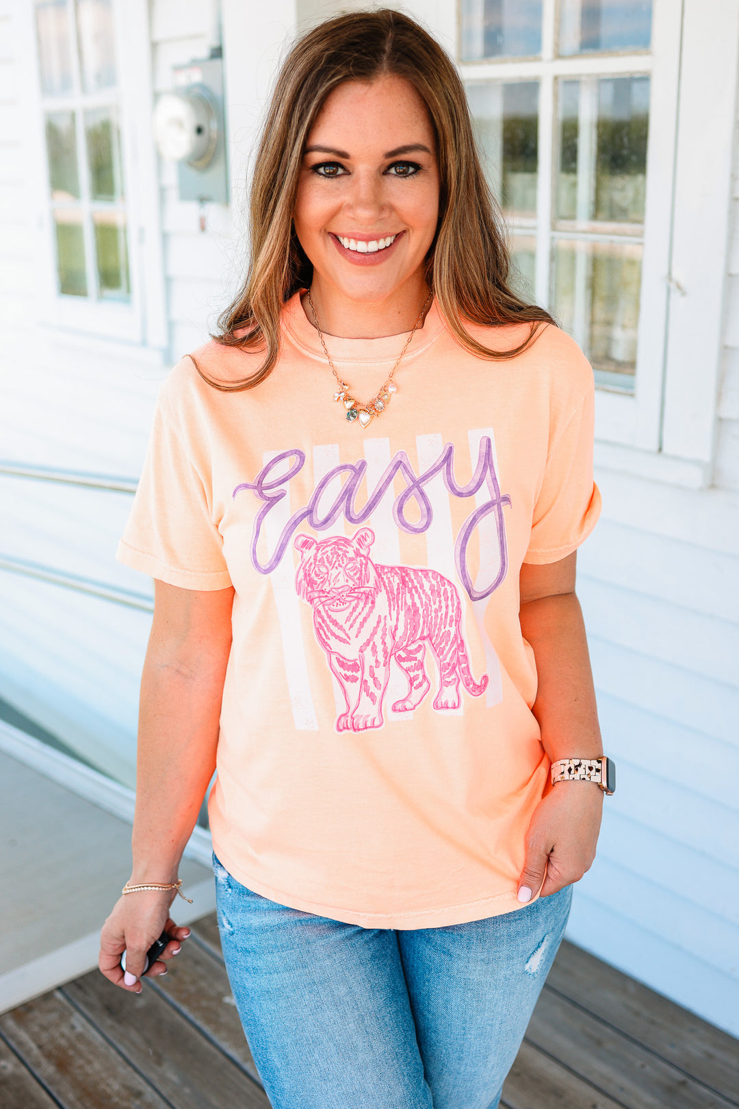 Easy Tiger Striped Graphic Tee - Neon Cantaloupe