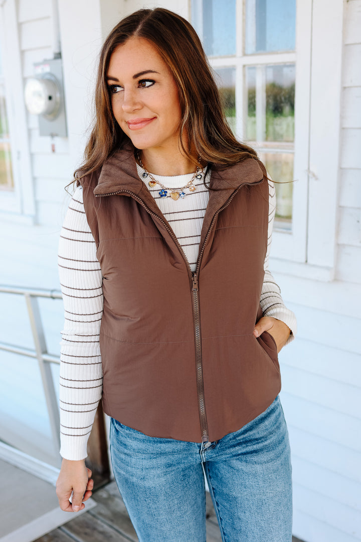 Brinley Corduroy Reversible Puffer Vest - Brown