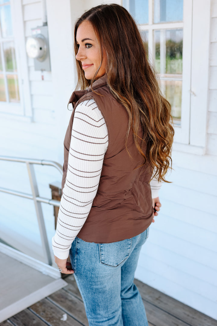 Brinley Corduroy Reversible Puffer Vest - Brown