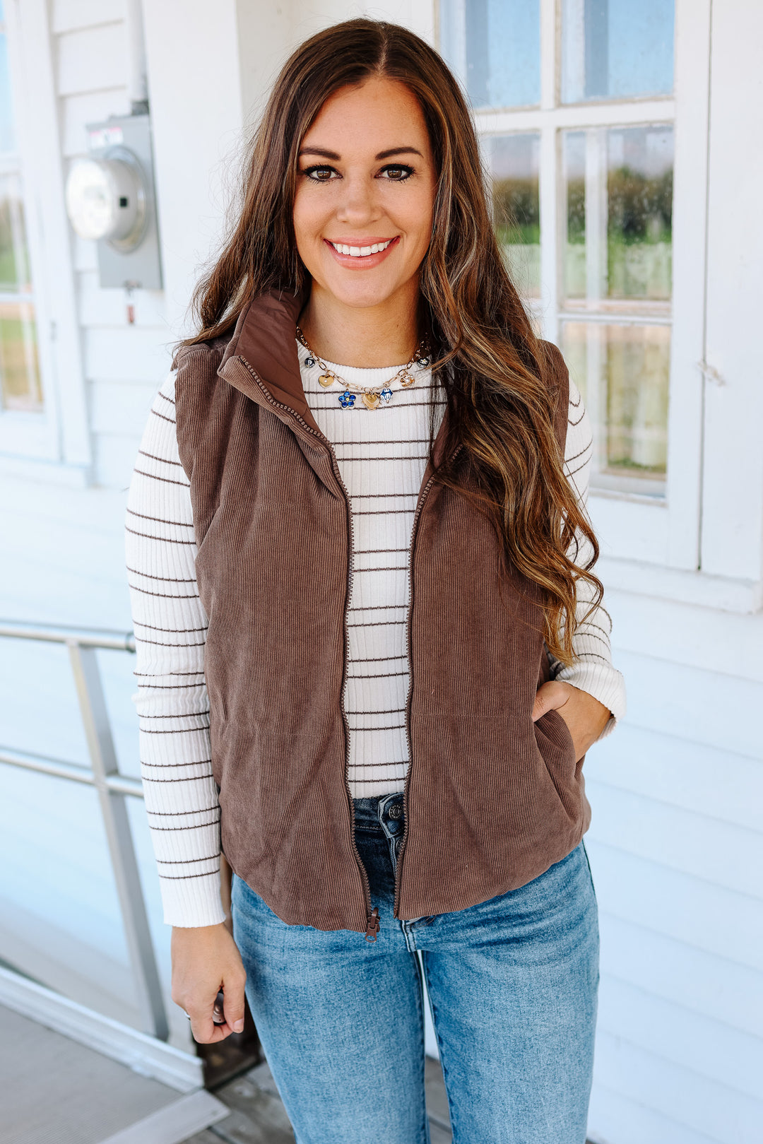 Brinley Corduroy Reversible Puffer Vest - Brown