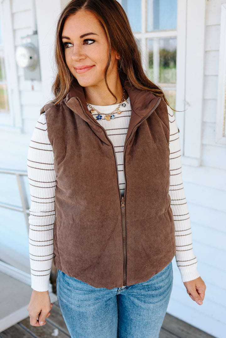 Brinley Corduroy Reversible Puffer Vest - Brown