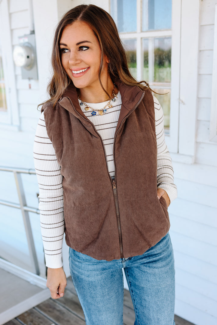 Brinley Corduroy Reversible Puffer Vest - Brown