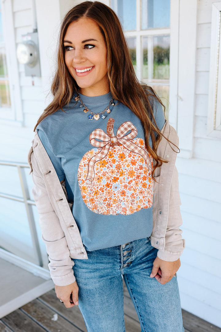 Floral Frenzy Pumpkin Graphic Tee - Blue Jean