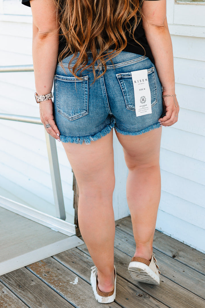 RISEN: Hadley High Rise Distressed Washed Shorts