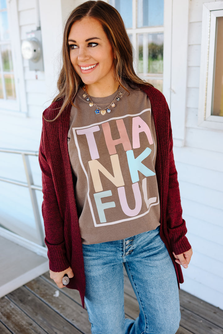 Pastel Thankful Graphic Tee - Espresso