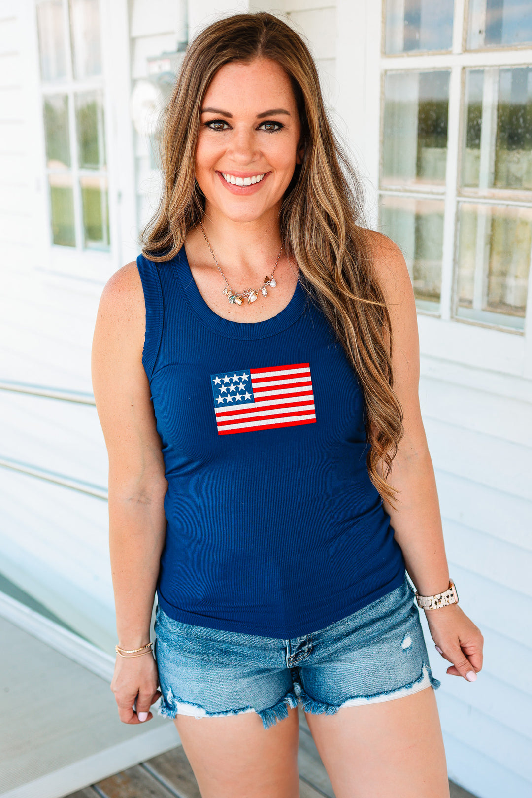 American Flag Ribbed Tank - Navy
