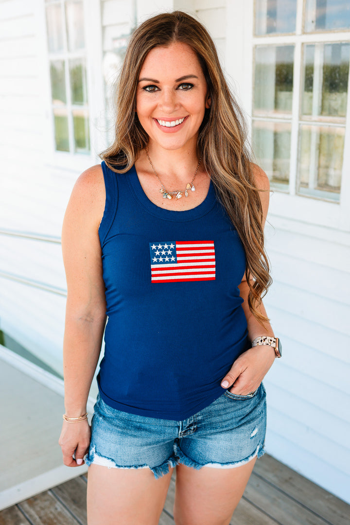 American Flag Ribbed Tank - Navy