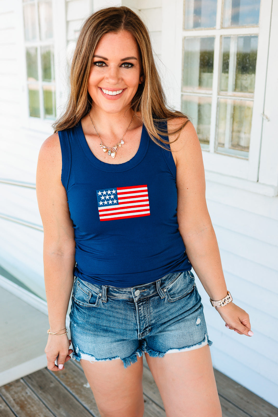 American Flag Ribbed Tank - Navy