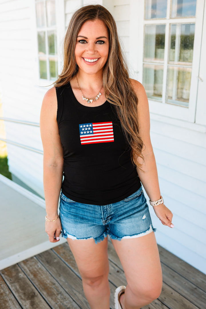 American Flag Ribbed Tank - Black