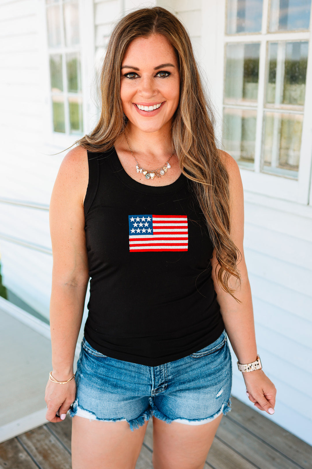 American Flag Ribbed Tank - Black