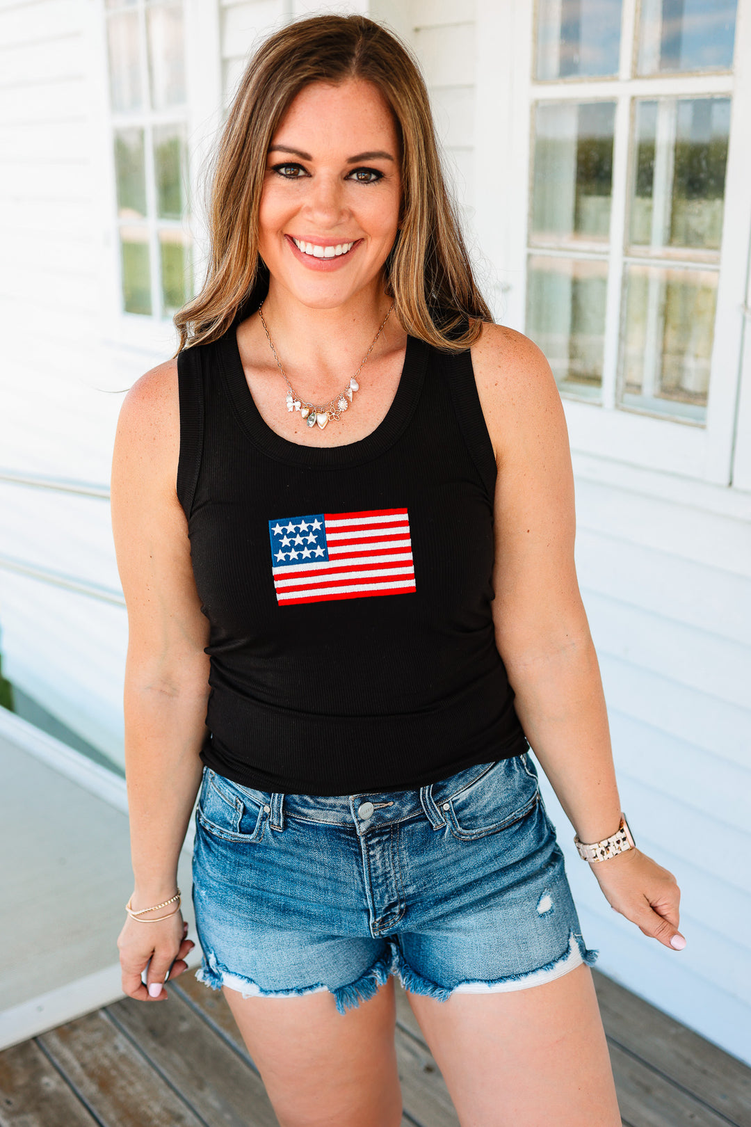 American Flag Ribbed Tank - Black