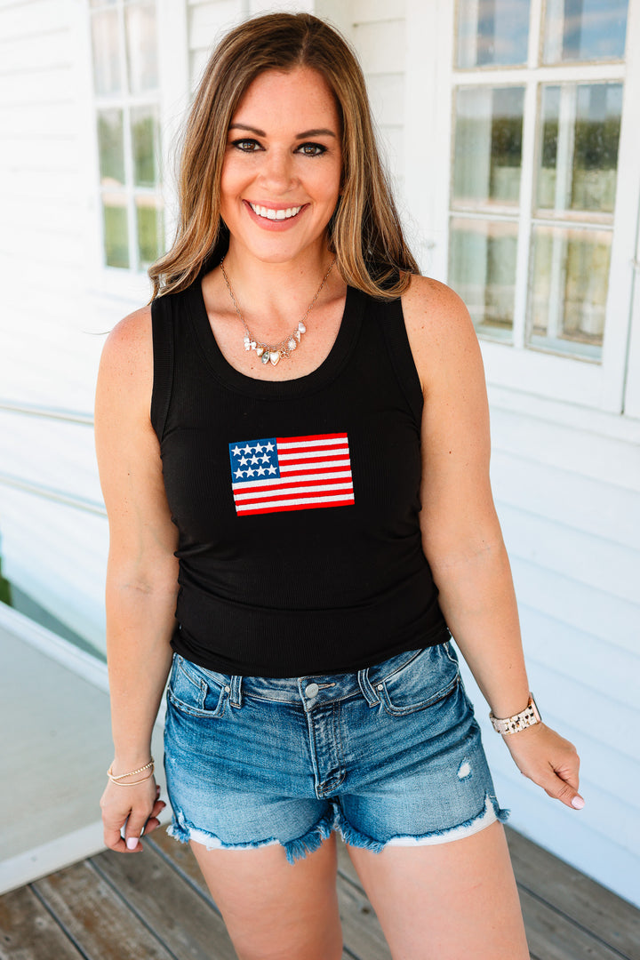 American Flag Ribbed Tank - Black