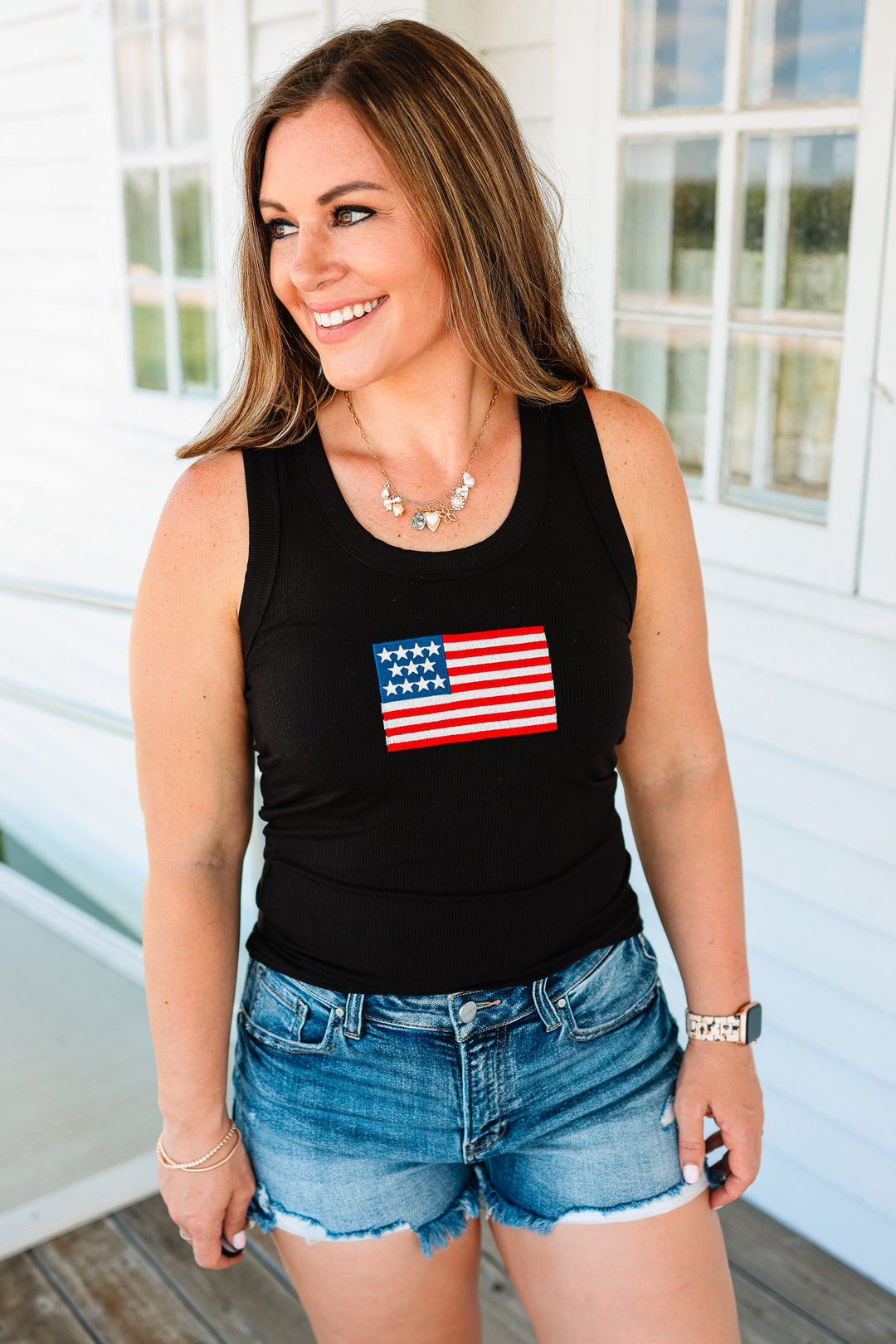 American Flag Ribbed Tank - Black