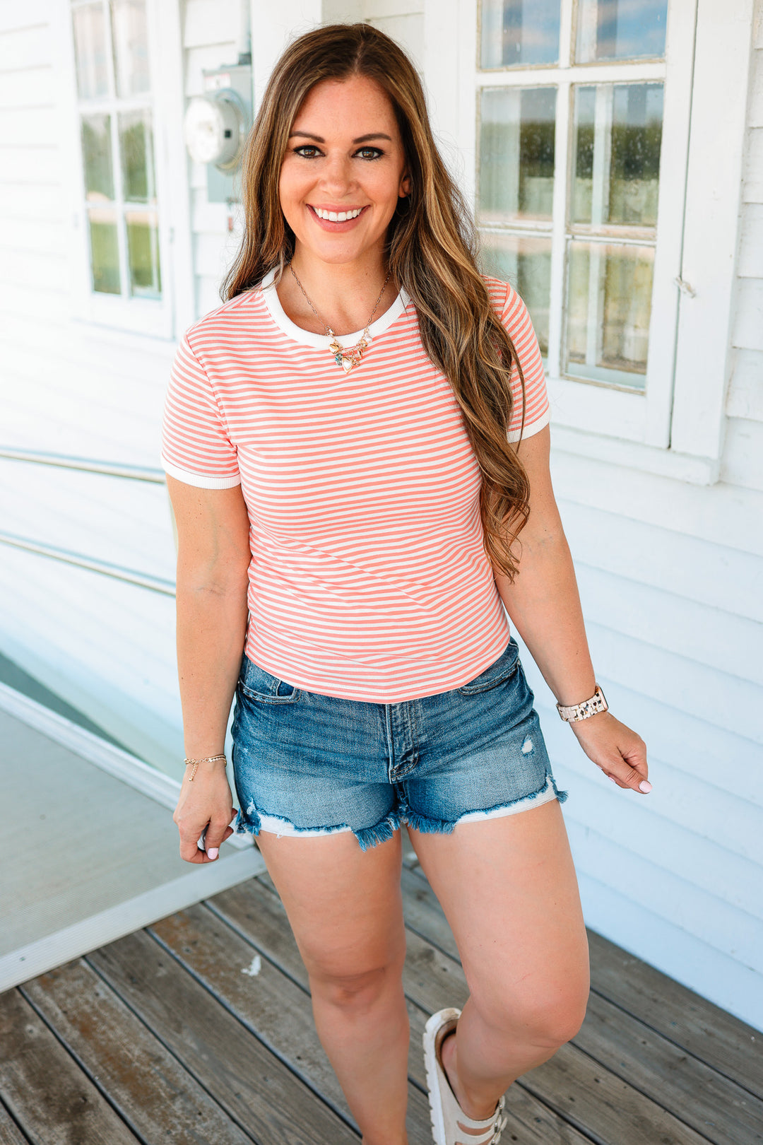 Jules Striped Ribbed Tee - Coral