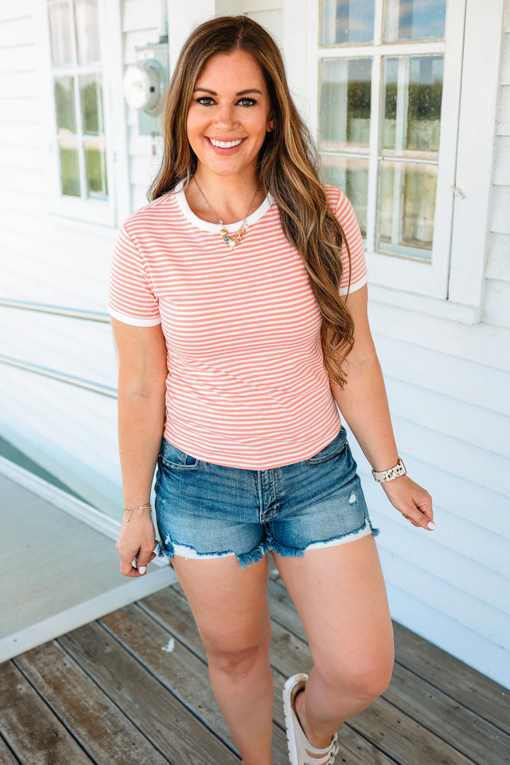Jules Striped Ribbed Tee - Coral