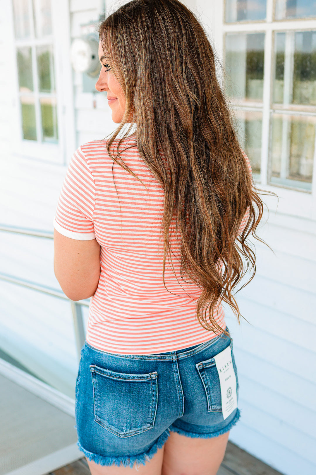 Jules Striped Ribbed Tee - Coral