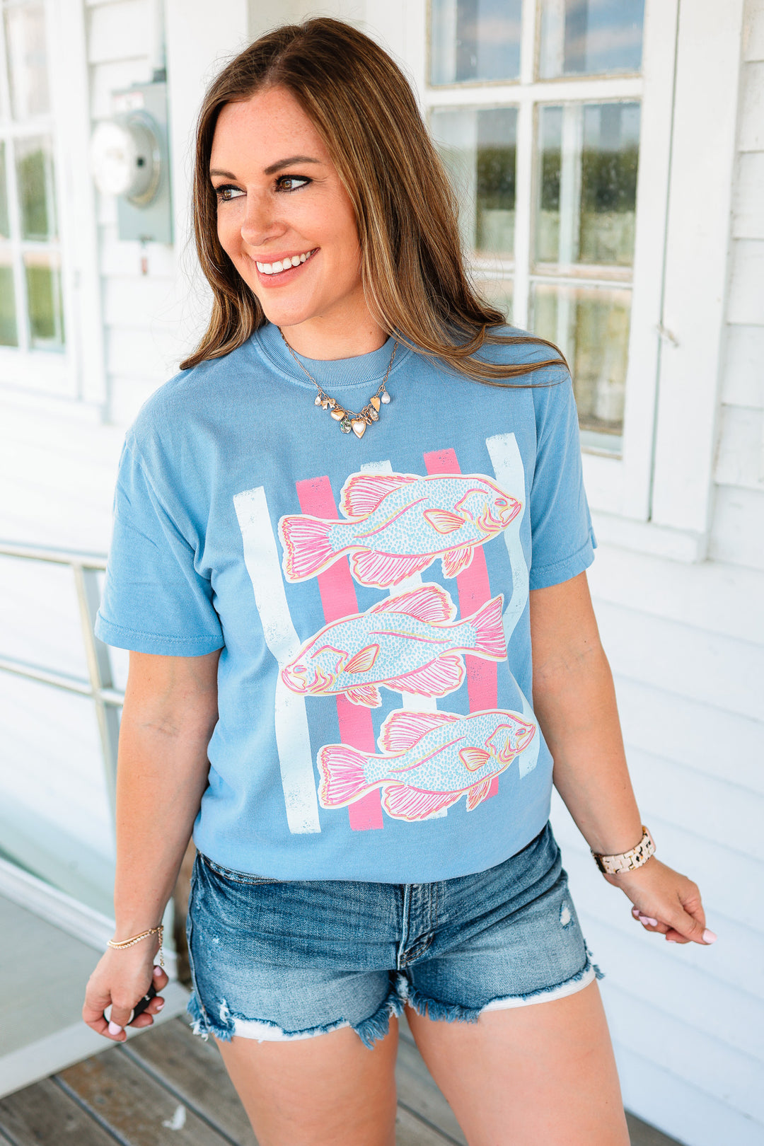 Pink Preppy Striped Fish Graphic Tee - Washed Denim