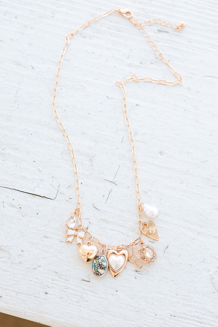 Charming Heart Bow & Pearl Dangle Necklace