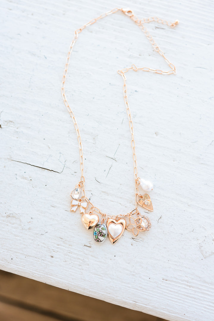 Charming Heart Bow & Pearl Dangle Necklace