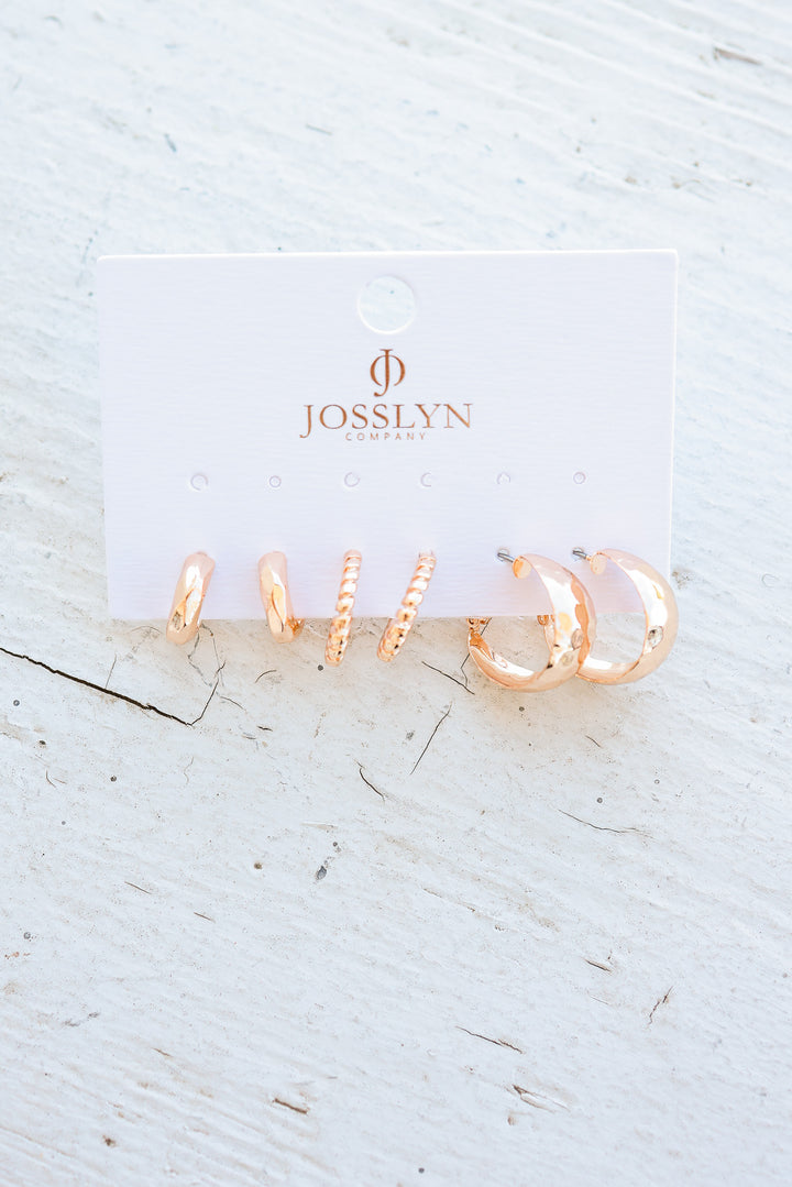 Mixed Texture Gold Crescent Hoop Trio Earring Set