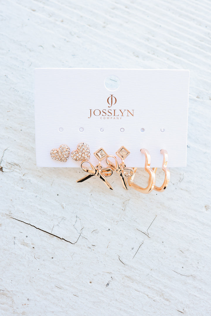 Gold-Tone Crystal Bow & Heart Earring Set