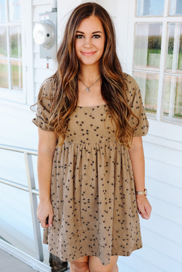 Lou Floral Corduroy Dress - Taupe