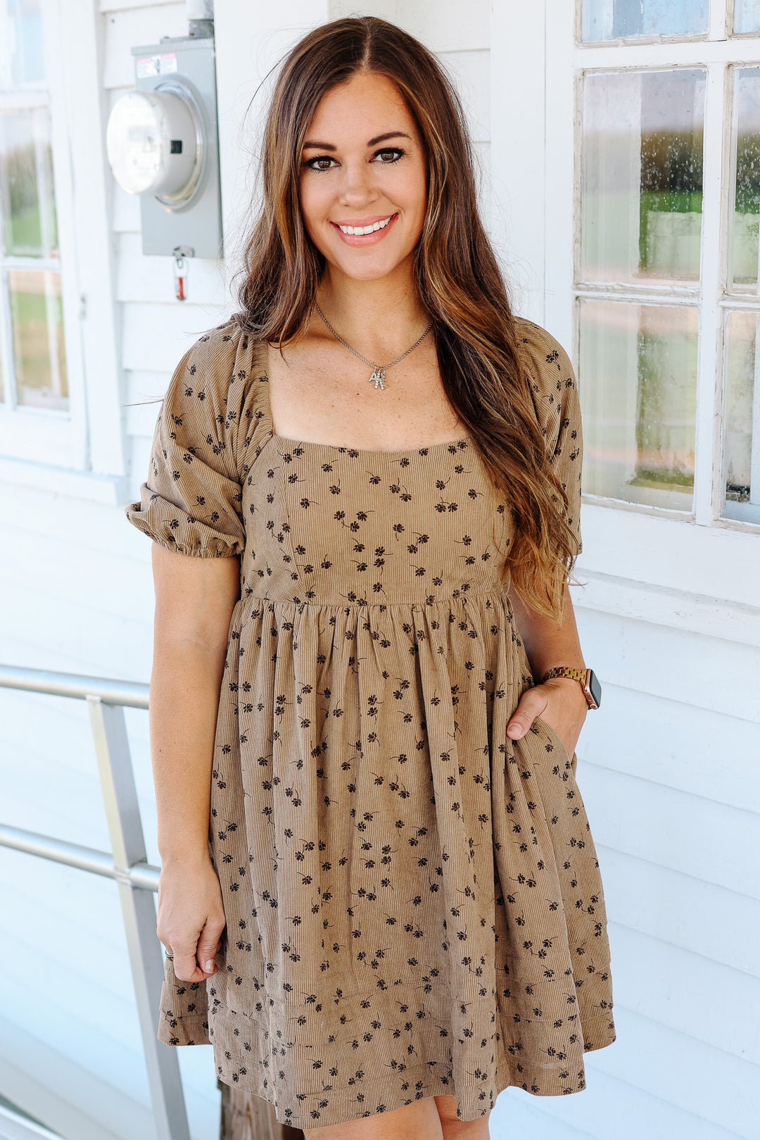 Lou Floral Corduroy Dress - Taupe