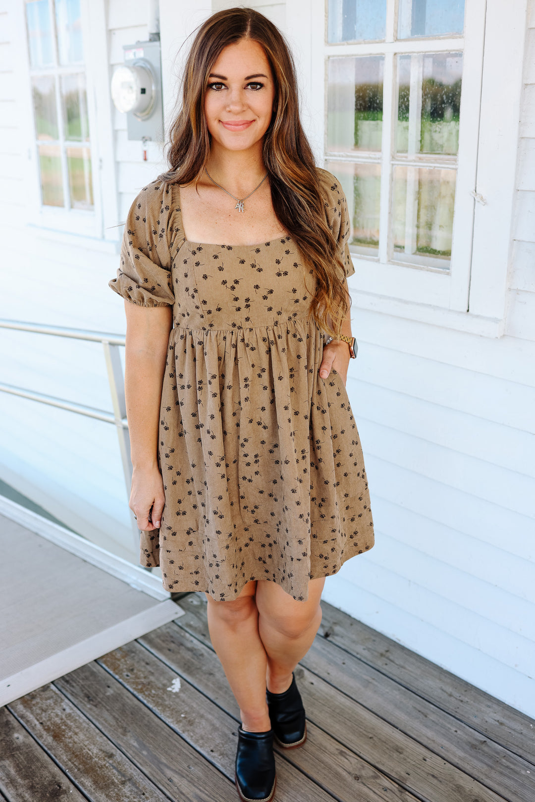 Lou Floral Corduroy Dress - Taupe