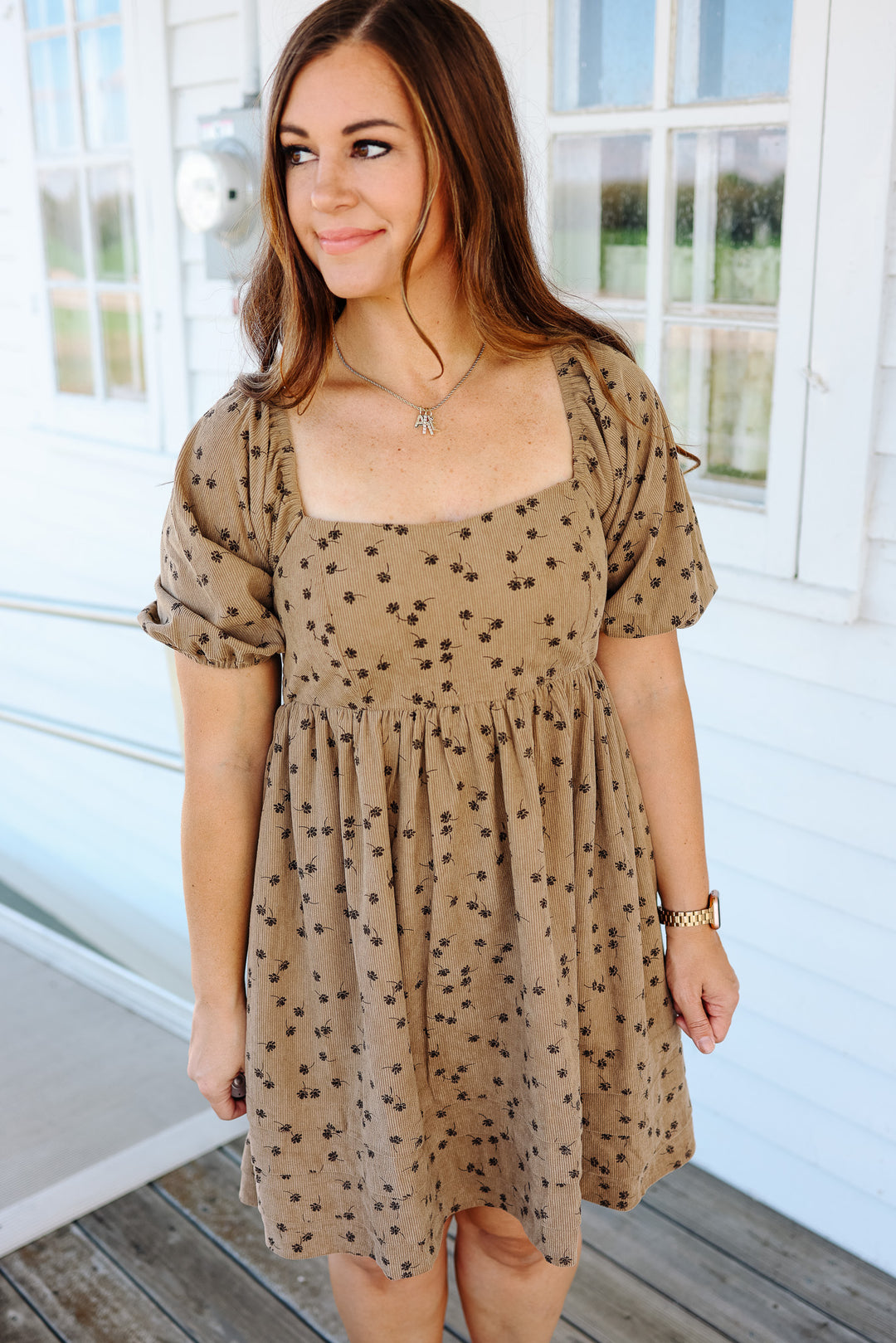 Lou Floral Corduroy Dress - Taupe