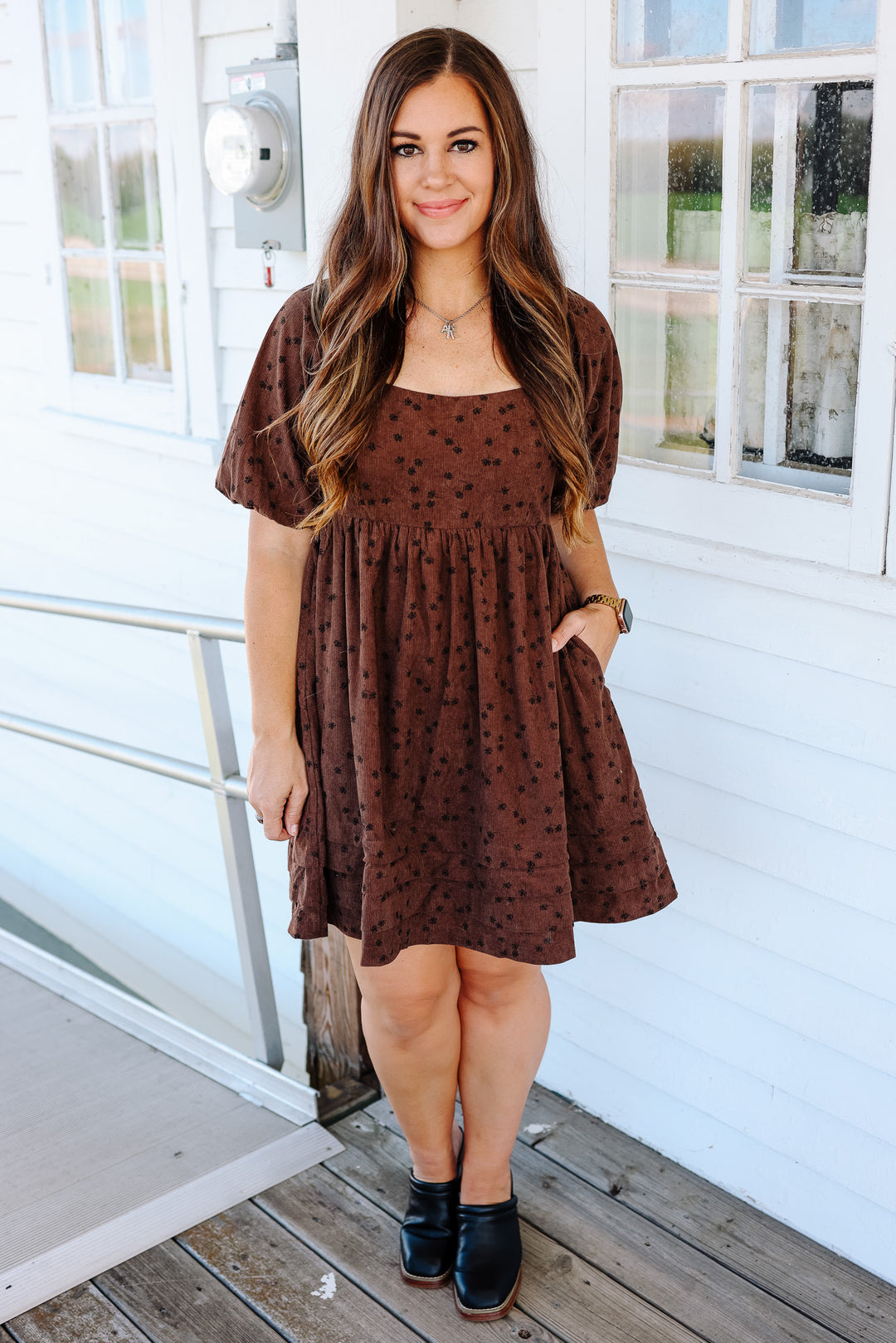 Lou Floral Corduroy Dress - Mocha
