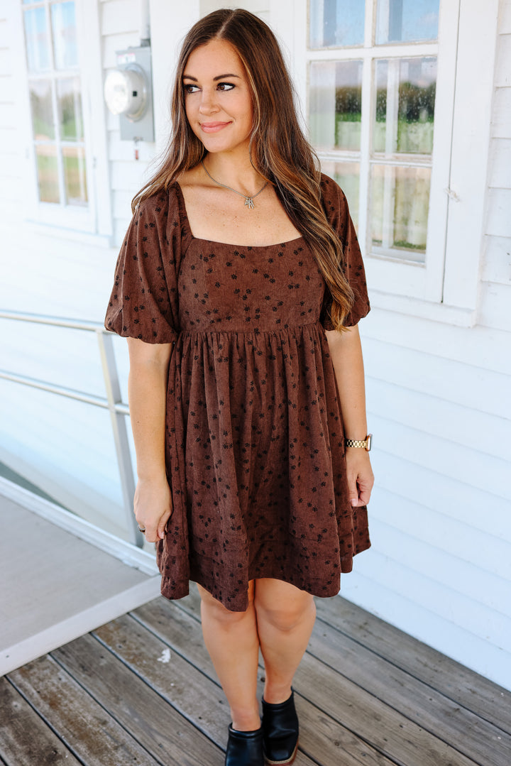 Lou Floral Corduroy Dress - Mocha