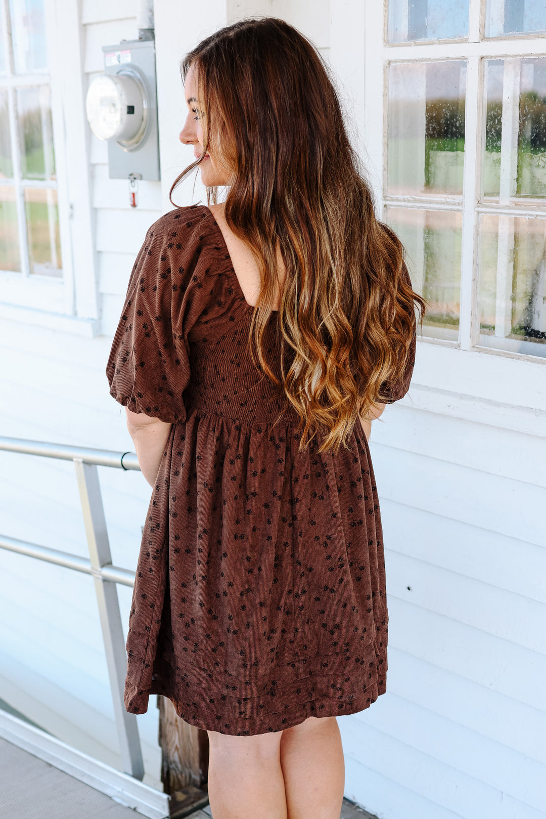 Lou Floral Corduroy Dress - Mocha