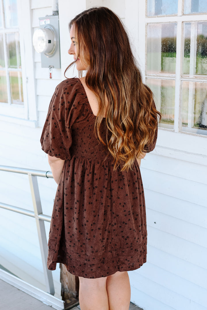 Lou Floral Corduroy Dress - Mocha