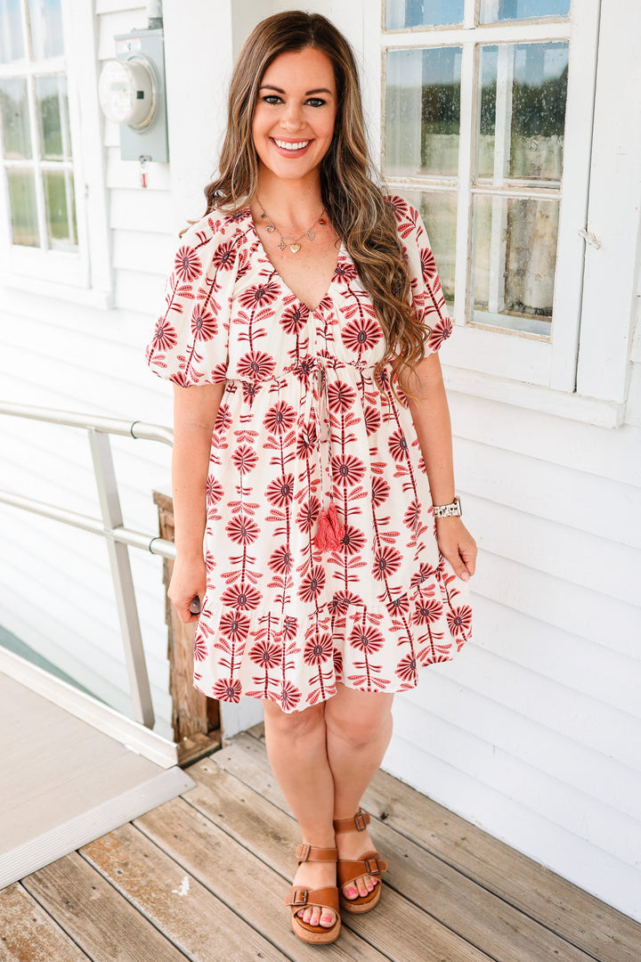 Rose Puff Sleeve Ruffle Dress