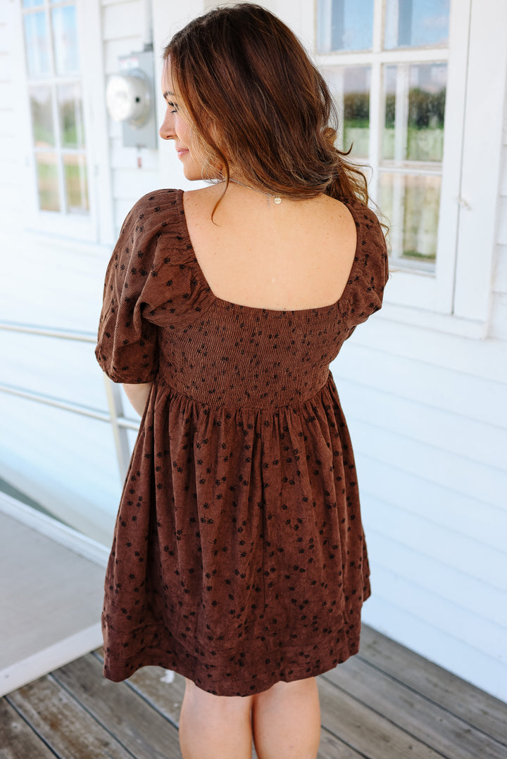 Lou Floral Corduroy Dress - Mocha