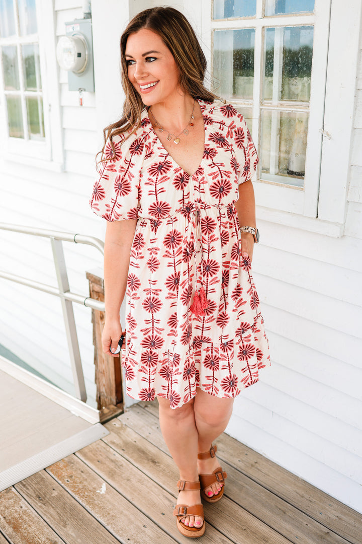 Rose Puff Sleeve Ruffle Dress