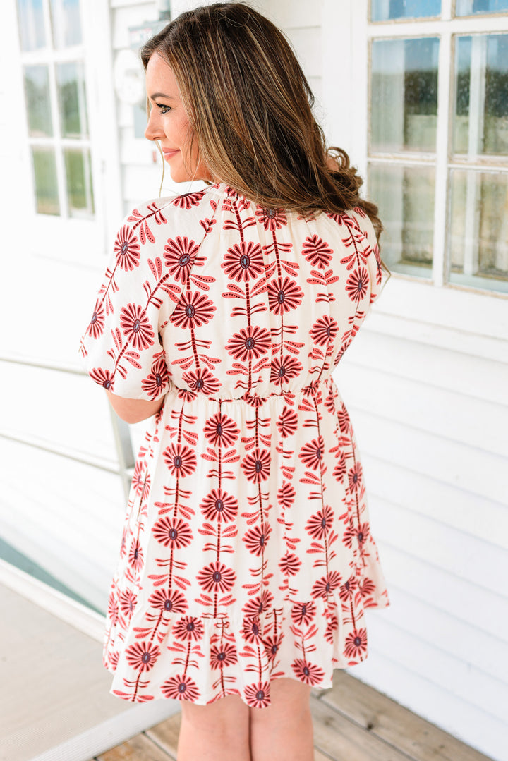 Rose Puff Sleeve Ruffle Dress