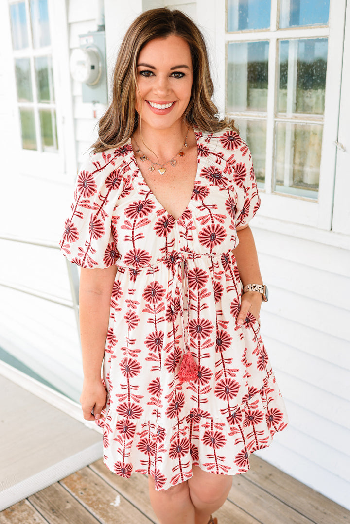 Rose Puff Sleeve Ruffle Dress