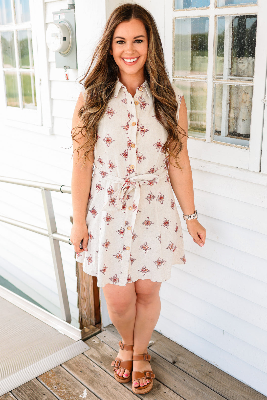 Anna Mosaic Embroidered Tie Waist Dress