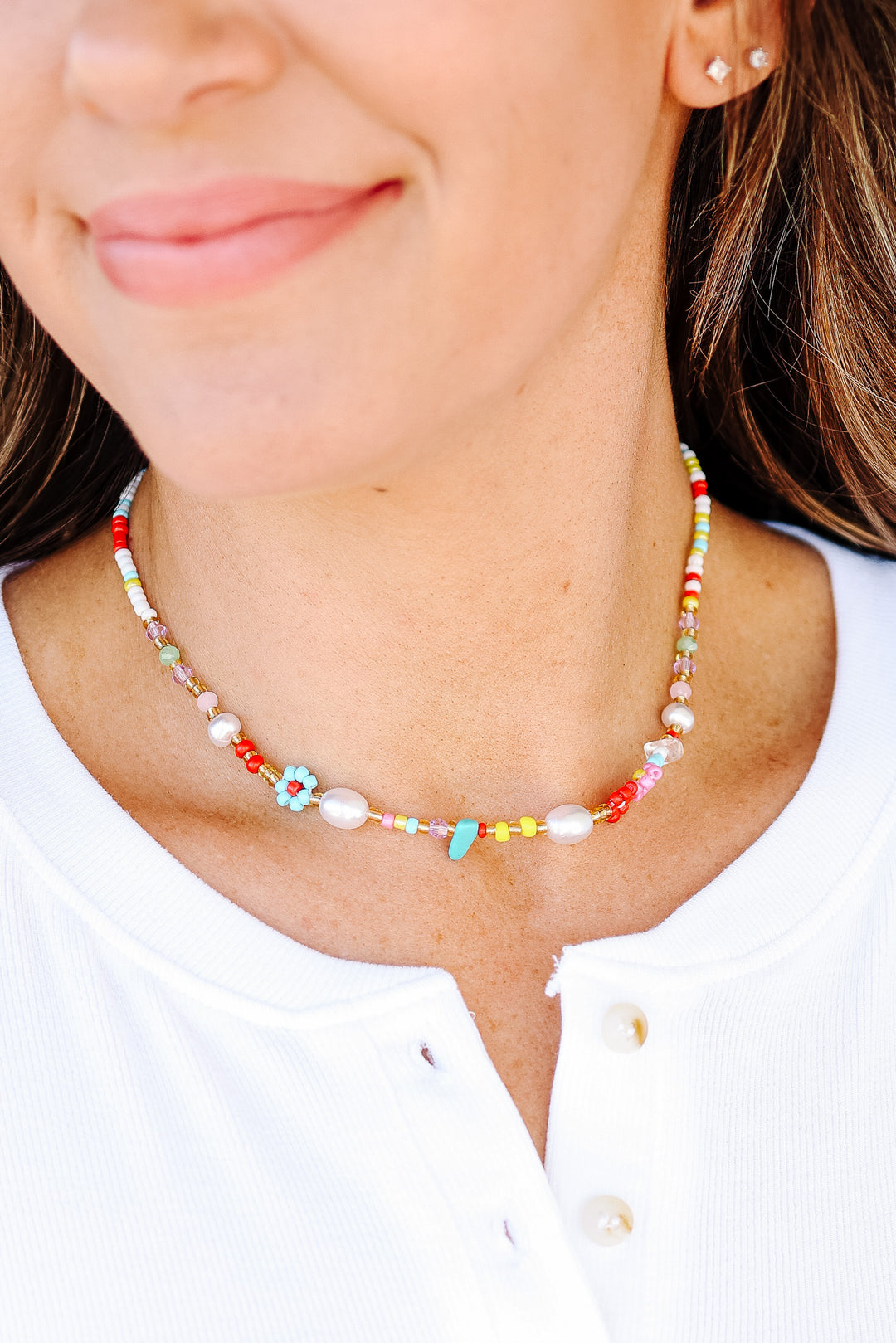 Multi Colored Flower Daisy Pearl Stone Necklace