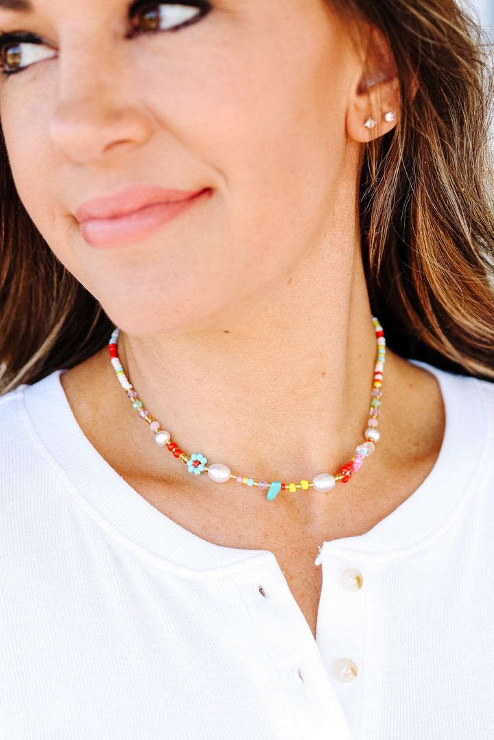 Multi Colored Flower Daisy Pearl Stone Necklace