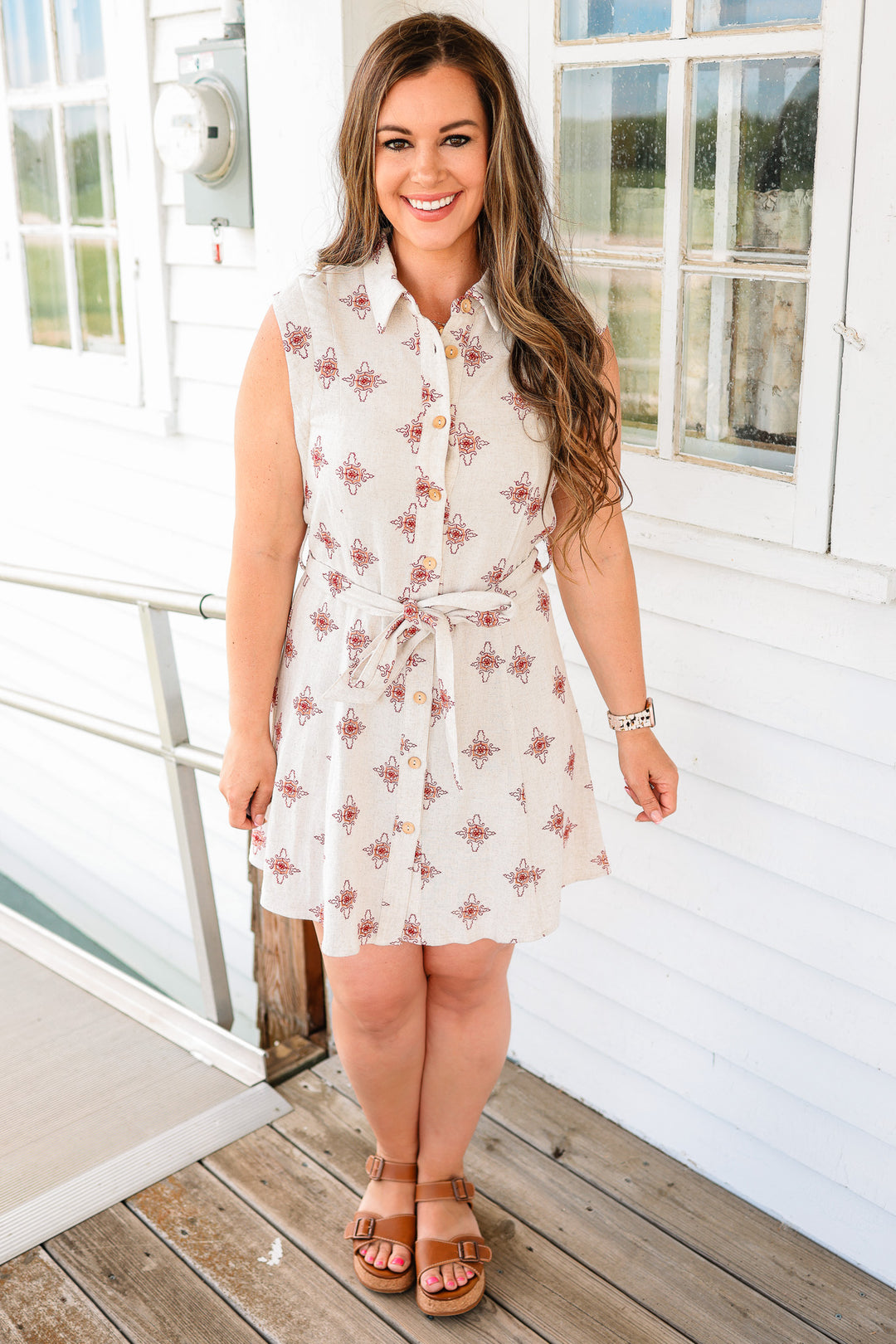 Anna Mosaic Embroidered Tie Waist Dress