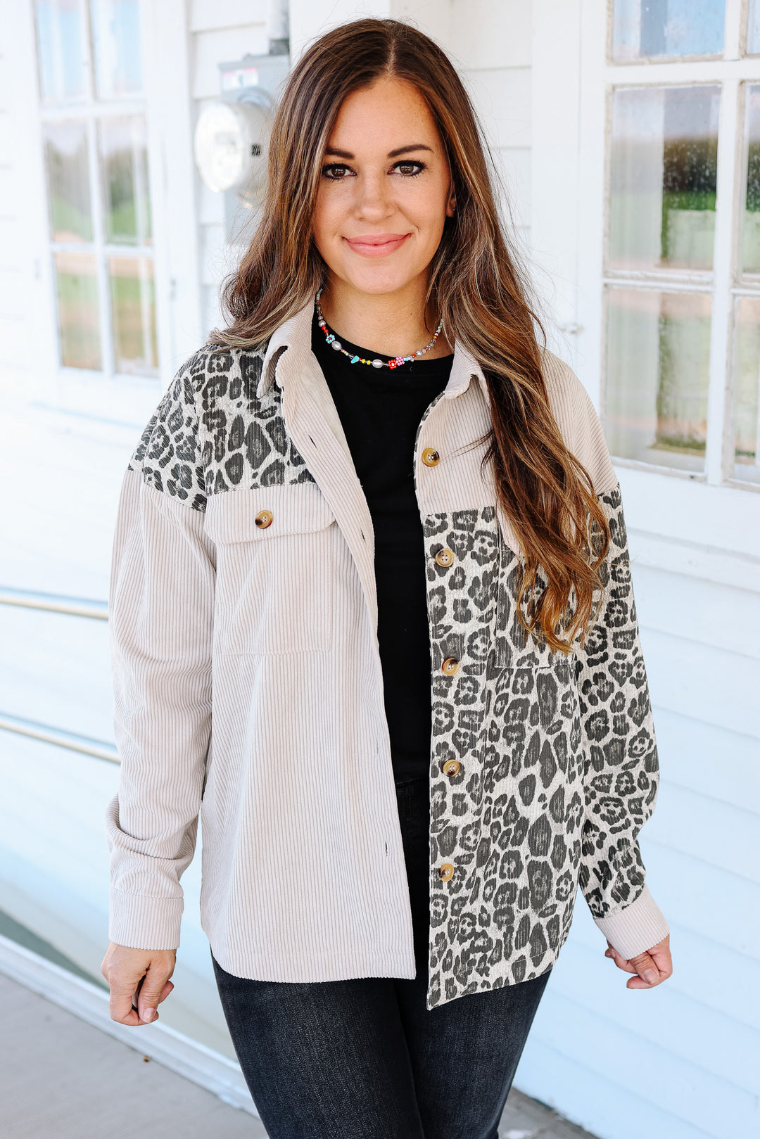 Elara Printed Corduroy Shacket - Oatmeal