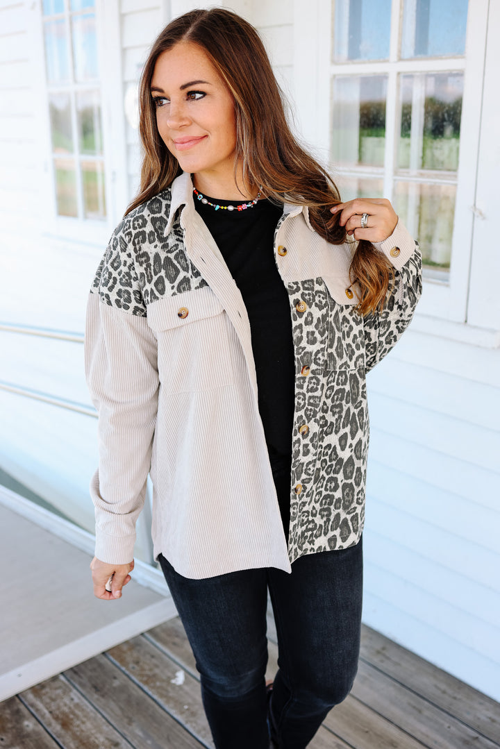 Elara Printed Corduroy Shacket - Oatmeal