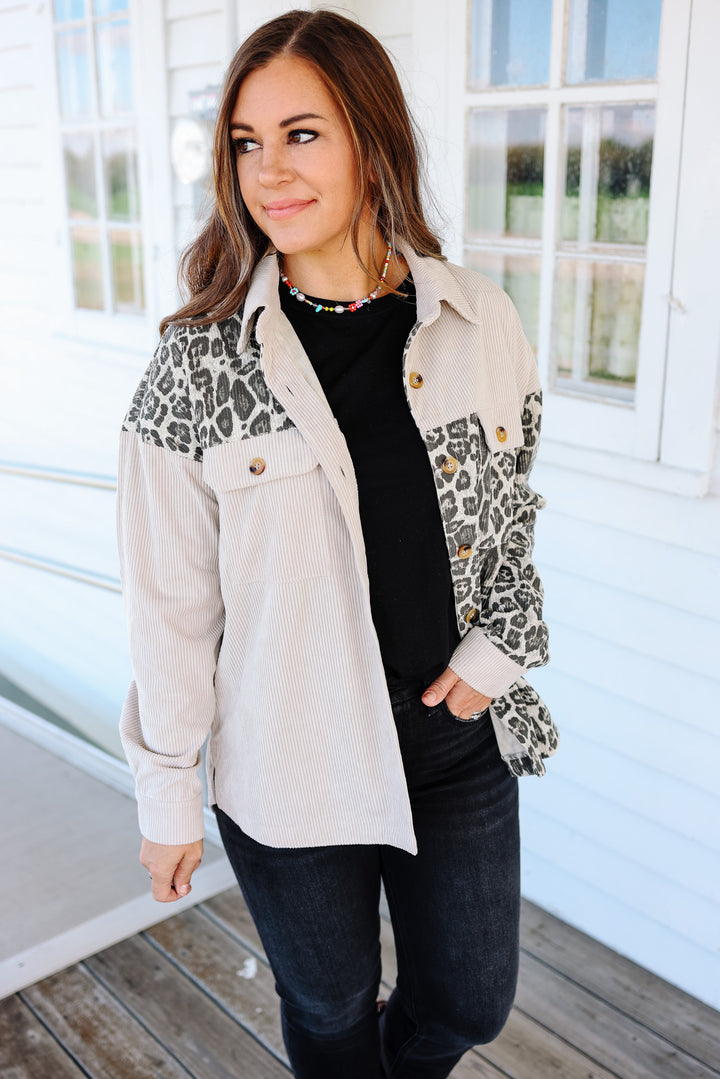 Elara Printed Corduroy Shacket - Oatmeal
