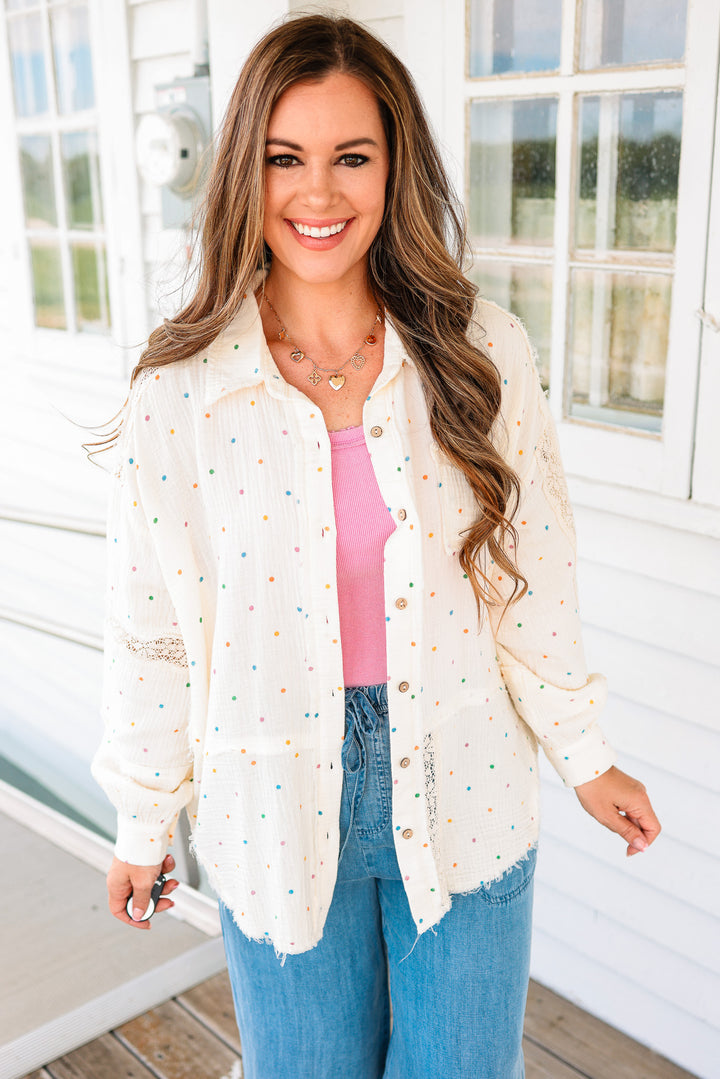 Tia Polka Dots and Lace Gauze Button Down