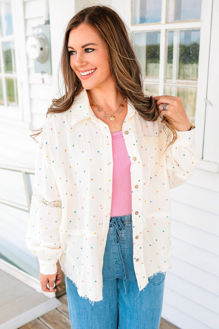 Tia Polka Dots and Lace Gauze Button Down