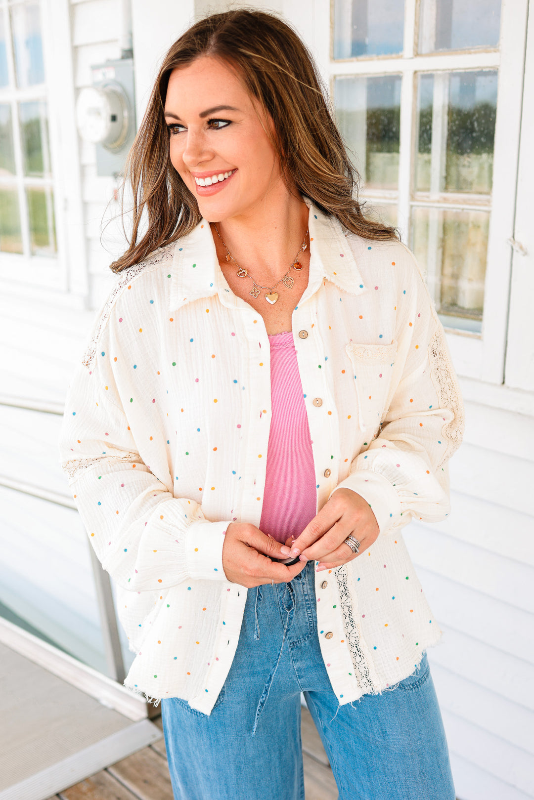 Tia Polka Dots and Lace Gauze Button Down