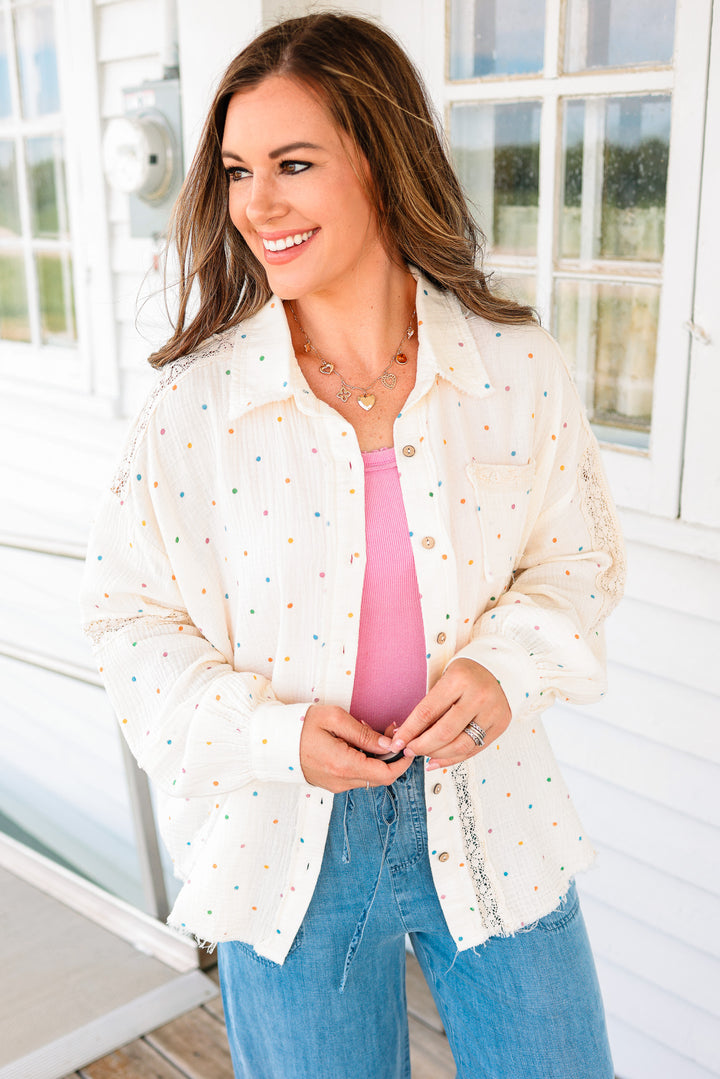 Tia Polka Dots and Lace Gauze Button Down
