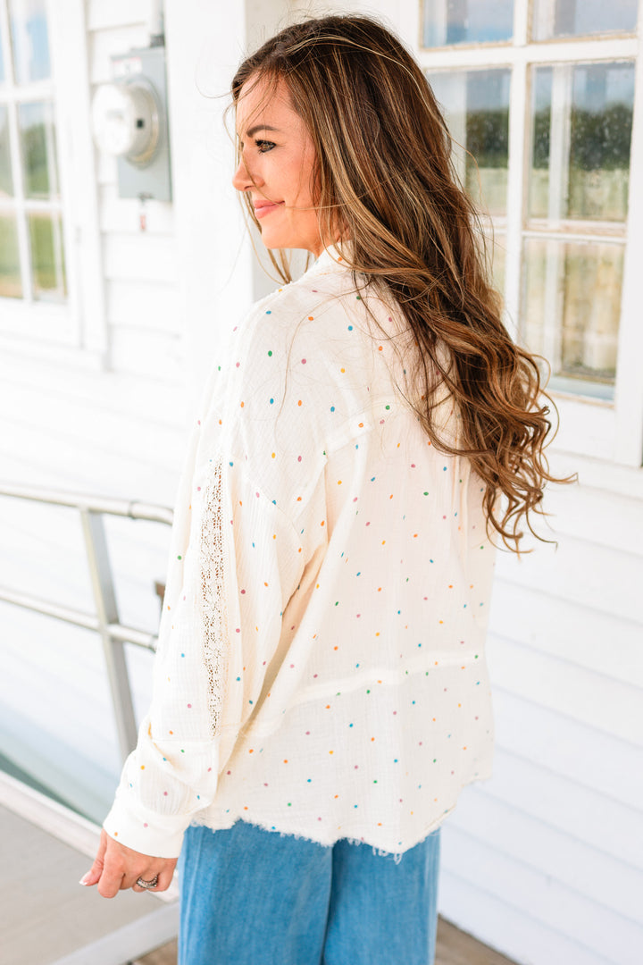 Tia Polka Dots and Lace Gauze Button Down